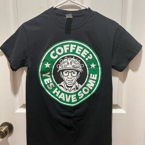 Black Graphic Tee With Ghostbusters “Coffee? Yes Have Some” Design.